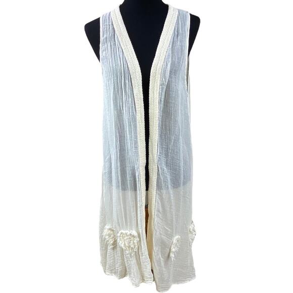 Kai Moon Boho Duster Vest Size M Cream Cotton Gauze Art to Wear Flowers - Picture 8 of 8